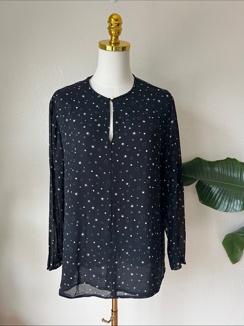 Charter Club Black Long-Sleeve Blouse with White Dot Pattern. Vintage top